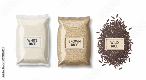 Three Rice Varieties in Packaged and Loose Forms for Culinary and Nutritional Education, Representing Global Food Diversity and Dietary Choices.