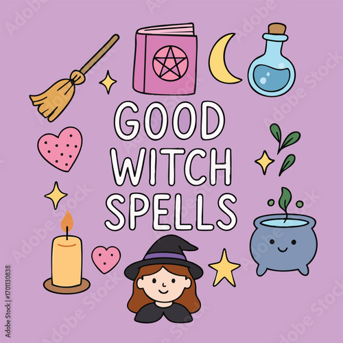 Good Witch Spells Halloween Fun Hat Broom Cauldron Brew Moon Fantasy Magical Spell Goodness Mystical Vector Print Design Illustration