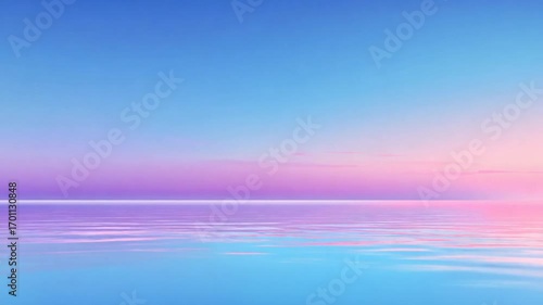 A serene, pastel-hued landscape showcasing a tranquil body of water reflecting a vibrant, soft sunset sky.