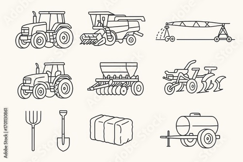 Comprehensive farm equipment and agricultural machinery icon collection featuring tractors harvesters and farming tools in clean line art style