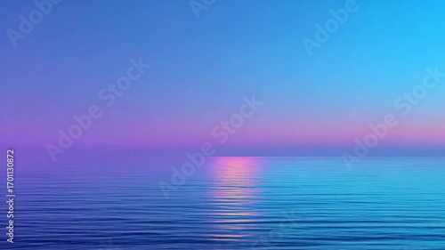 A serene, vibrant seascape showcases a tranquil ocean reflecting a colorful, pastel sunset.