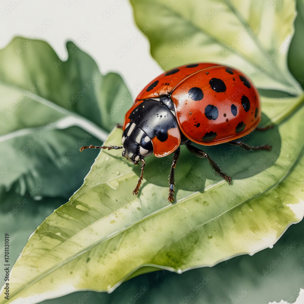 Fototapeta premium Watercolor close-up of a ladybug crawling on a leaf, red shell with black spots.