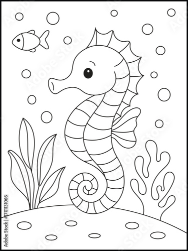 Cute Seahorse Swimming in the Ocean Coloring Book Page with Coral and Bubbles. Underwater Scene Coloring Illustration for Kids