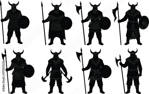 Powerful Viking warrior silhouettes with spears, axes, shields, and horned helmets standing strong in historical battle-ready poses vector.
