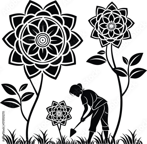Woman tending to flowers