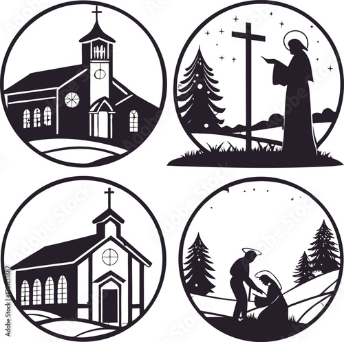 Four religious christmas scenes in circle frames
