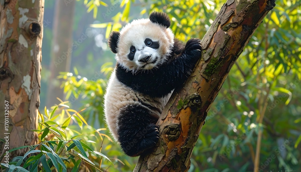Fototapeta premium A cute baby panda clings to a tree trunk, showcasing its playful nature in a lush forest setting.