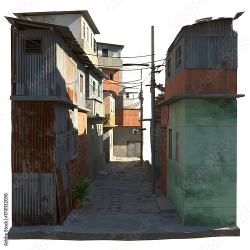 Narrow Alleyway Between Dilapidated Buildings with Corrugated Metal and Brick Facades.