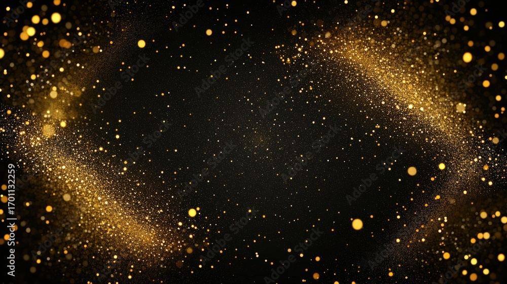Fototapeta premium Golden glitter particles scattered across a black background.