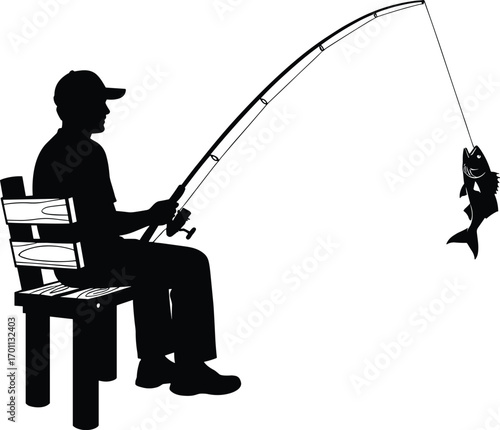 Silhouette of a man sitting on a wooden chair fishing with a rod, catching a fish, isolated vector illustration.