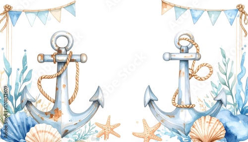 Watercolor anchors with seashells and plants