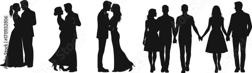 Silhouette of couples dancing and walking together, romantic love scenes, elegant dress, formal attire, relationships, affection, romance, companionship vector illustration