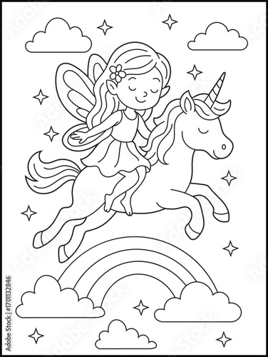 Fairy Princess Riding Unicorn Through Rainbow Sky. Fantasy Printable Coloring Activity sheet for kids and adults. 