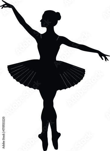 Silhouette of elegant ballerina dancing en pointe in classical tutu with arms raised, black and white vector dance illustration art.
