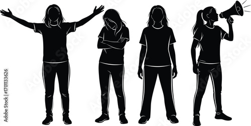 Silhouette of young woman in various poses expressing emotions, standing, confident, thoughtful, shouting with megaphone, empowerment, expression vector illustration