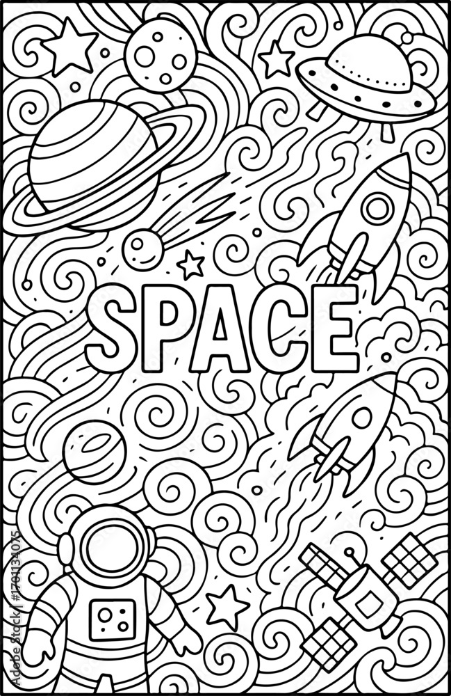 Naklejka premium space cartoon outline hand drawn Line Art illustration doodle art coloring page for kids