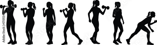 Silhouettes of a woman performing various fitness exercises including dumbbell lifting, walking, and sprinting in multiple active workout poses vector.Silhouettes of a woman performing various  