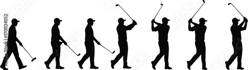 Silhouette Sequence of Golfer Swinging Club – Golf Player Action Poses for Sports, Training, Motion Study, and Athletic Vector Concept