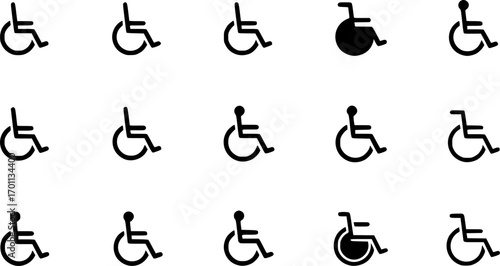 set of black Clean vector icon of a wheelchair silhouette
