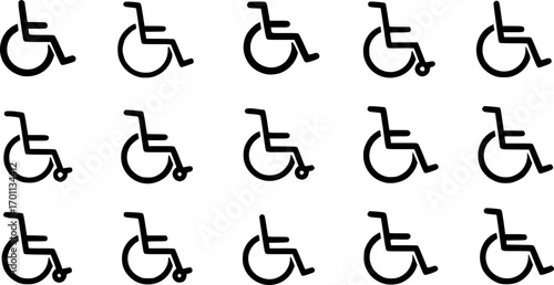 set of black Clean vector icon of a wheelchair silhouette

