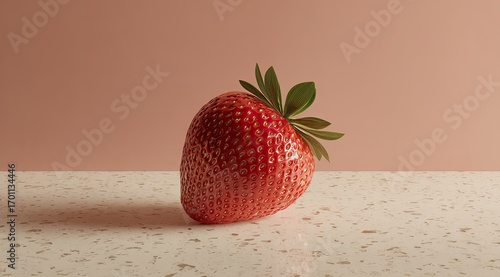 A single, vibrant red strawberry sits on a light beige countertop against a soft peach background.  The strawberry is glossy and whole, complete with its green leaves
