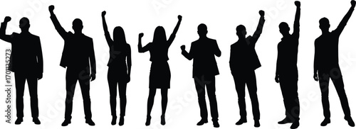 Silhouettes of confident business men and women raising fists in celebration, symbolizing success, motivation, teamwork, empowerment, and achievement in corporate environment