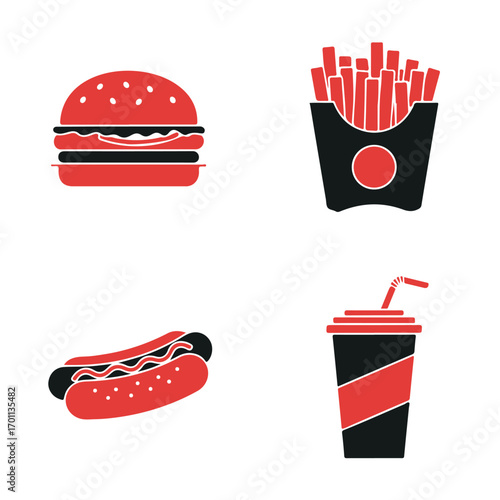 A collection of four red and black fast food icons, including a hamburger, french fries, a hot dog, and a soda cup with a straw, presented in a simple graphic style.