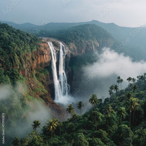 Majestic waterfall cascades down a rocky cliff face, surrounded by lush tropical greenery and misty clouds, creating a breathtaking natural scene.