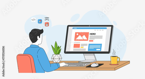 Dedicated professional crafting a modern website layout on a desktop computer, symbolizing the essence of digital design, programming, and online content creation