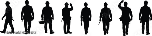 Silhouettes of Construction Workers Walking, Standing, Waving in Hard Hats with Tools at Jobsite Depicting Teamwork and Safety Culture