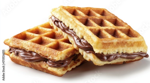Two chocolate-filled waffles stacked, side view