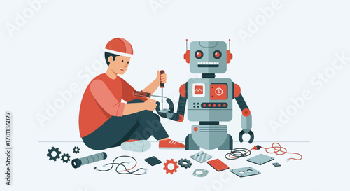 A skilled technician carefully assembles a complex humanoid robot, illustrating concepts in engineering, artificial intelligence, and technological innovation