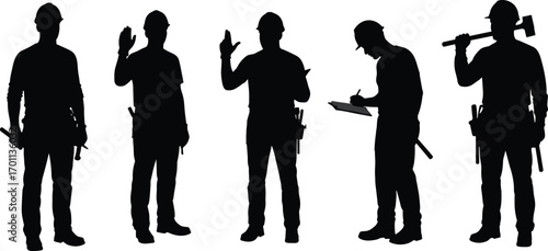 Silhouettes of Construction Workers in Hard Hats with Tools and Equipment – Teamwork Concept for Engineering, Industry, and Manual Labor