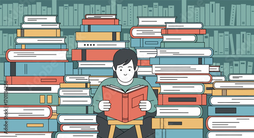 Vector illustration of a reader completely surrounded by an overwhelming amount of books, symbolizing a love for learning and knowledge