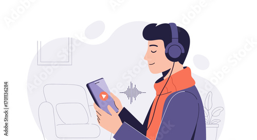 Young man enjoying a podcast or music on his smartphone with headphones, a concept of modern digital entertainment and relaxation at home