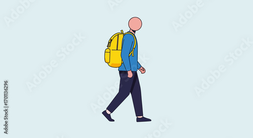 A person in casual clothes carrying a bright yellow backpack walks forward. Modern flat illustration depicting a daily commute or travel journey