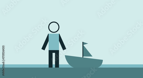 Minimalist illustration of a person contemplating a journey with a small sailboat on a calm horizon, symbolizing new beginnings and aspirations