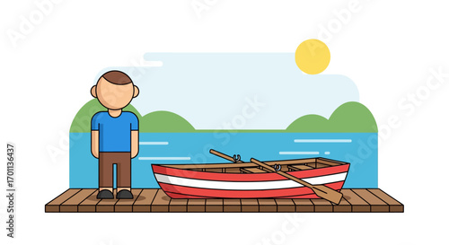 A tranquil scene of a man standing on a wooden pier next to a red rowboat on a calm lake, with hills in the background under a bright sun