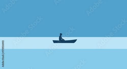 Serene blue landscape with a silhouette of a person in a small boat, a minimalist vector concept of solitude and calm
