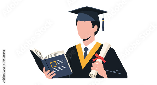 Graduation Scholar A Student in Academic Attire Reading a Book and Holding a Diploma