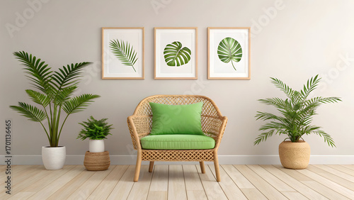Cozy minimalist living room interior with green armchair, potted plants, leaf-themed wall art, wooden floor, natural lighting, clean and inviting atmosphere JPG 2025 2026