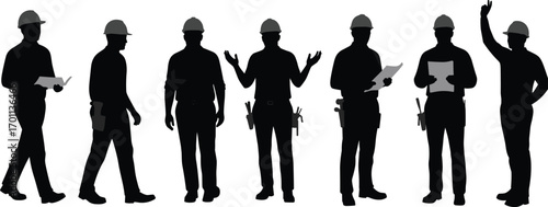 Silhouettes of Construction Workers with Hard Hats Holding Plans and Gestures on Worksite; Safety, Collaboration, Blueprint Review, Team Industry Concept