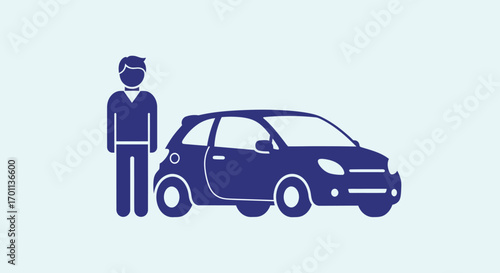 Iconic illustration of a person next to a compact blue car, symbolizing transport and travel concepts