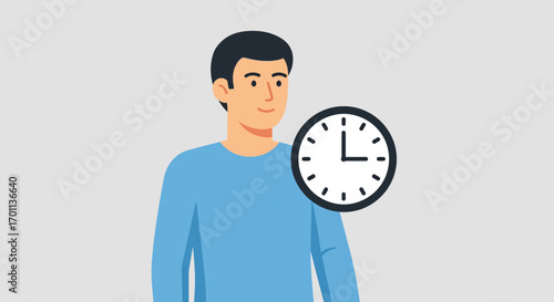 Man standing next to a clock representing the concept of time passing and deadlines