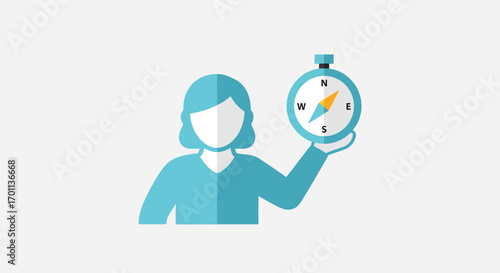 Flat design illustration of an individual holding a compass, embodying concepts of strategic direction, navigation, and finding the right path for business, travel, or life decisions
