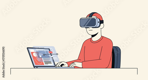 Person wearing virtual reality headset experiencing immersive digital world on laptop screen