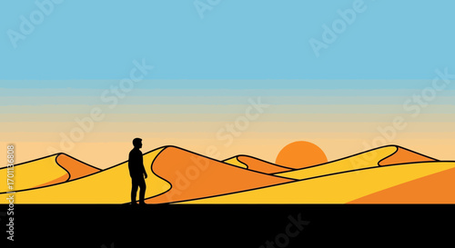 A solitary figure contemplates the vast desert landscape during a vibrant sunset, symbolizing a personal journey and exploration
