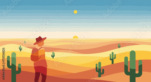 A lone traveler's journey through the vast desert landscape under the warm sun and sky