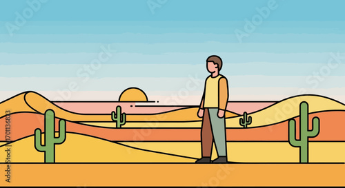 Minimalist illustration of a solitary person standing in a vast desert landscape with sand dunes and cacti under a warm sunset sky
