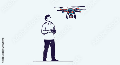 Vector illustration of a man operating a camera drone with a controller, symbolizing modern hobbies and aerial technology exploration